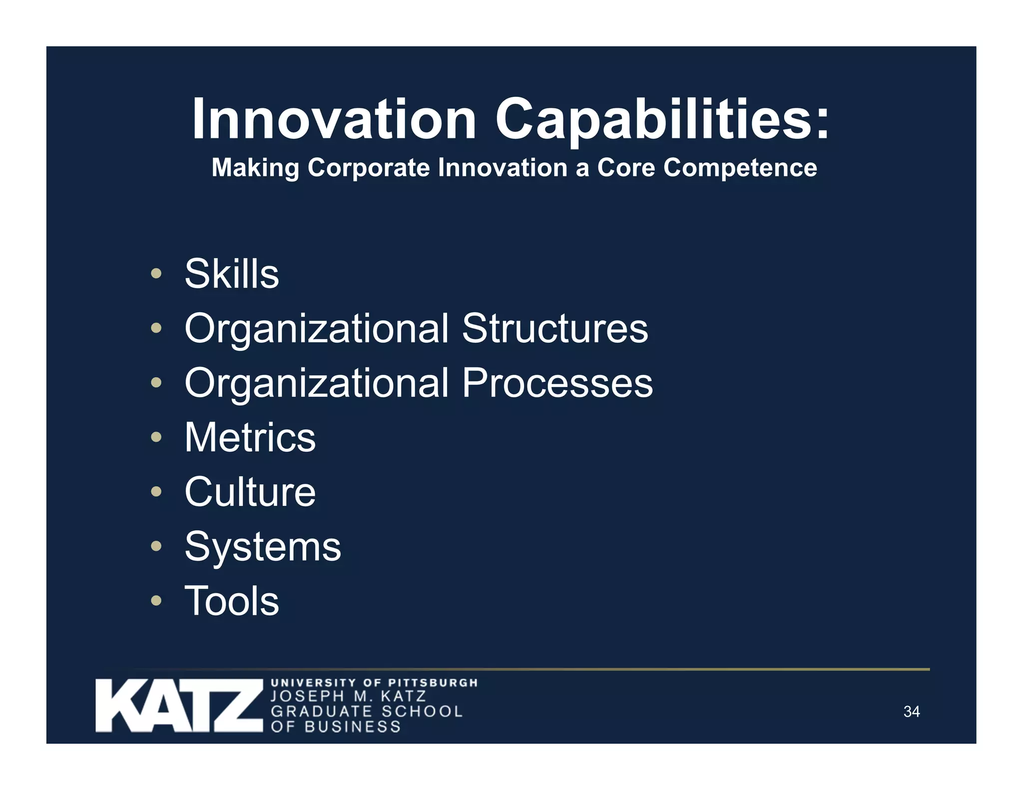 Innovation Capabilities:
Making Corporate Innovation a Core Competence

•
•
•
•
•
•
•

Skills
Organizational Structures
Organizational Processes
Metrics
Culture
Systems
Tools
34

 