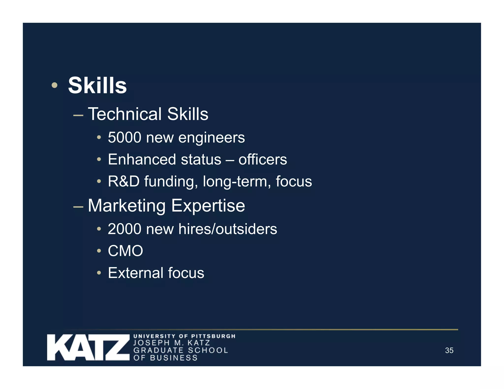 • Skills
– Technical Skills
• 5000 new engineers
• Enhanced status – officers
• R&D funding, long-term, focus

– Marketing Expertise
• 2000 new hires/outsiders
• CMO
• External focus

35

 