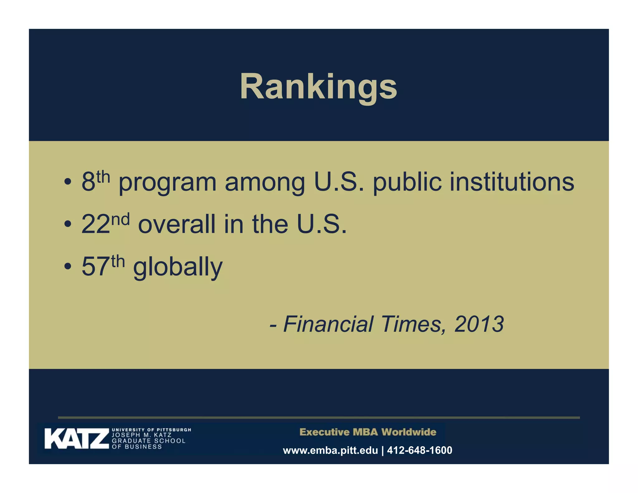 Rankings
• 8th program among U.S. public institutions
• 22nd overall in the U.S.
• 57th globally
- Financial Times, 2013

www.emba.pitt.edu | 412-648-1600

 