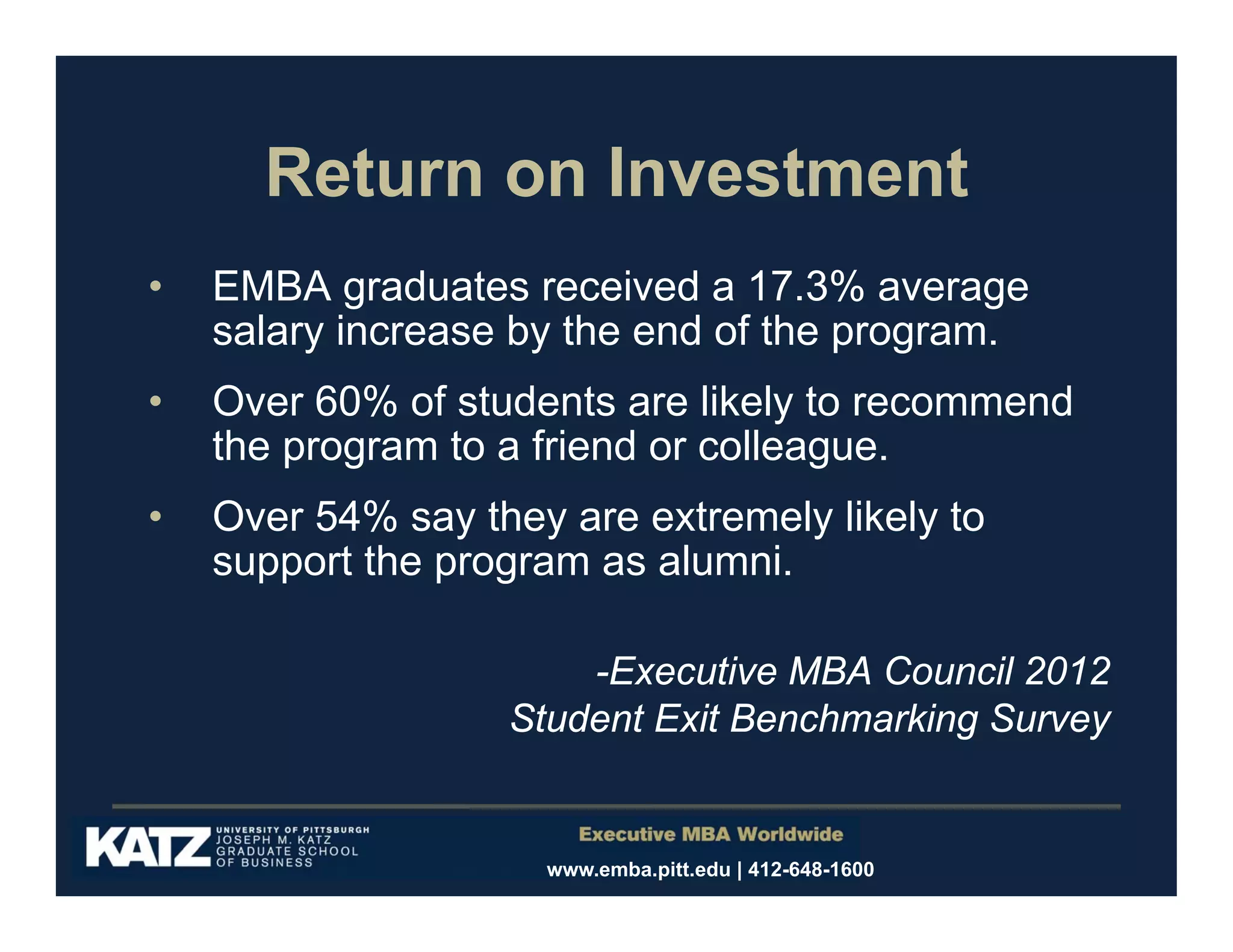 Return on Investment
•

EMBA graduates received a 17.3% average
salary increase by the end of the program.

•

Over 60% of students are likely to recommend
the program to a friend or colleague.

•

Over 54% say they are extremely likely to
support the program as alumni.
-Executive MBA Council 2012
Student Exit Benchmarking Survey

www.emba.pitt.edu | 412-648-1600

 