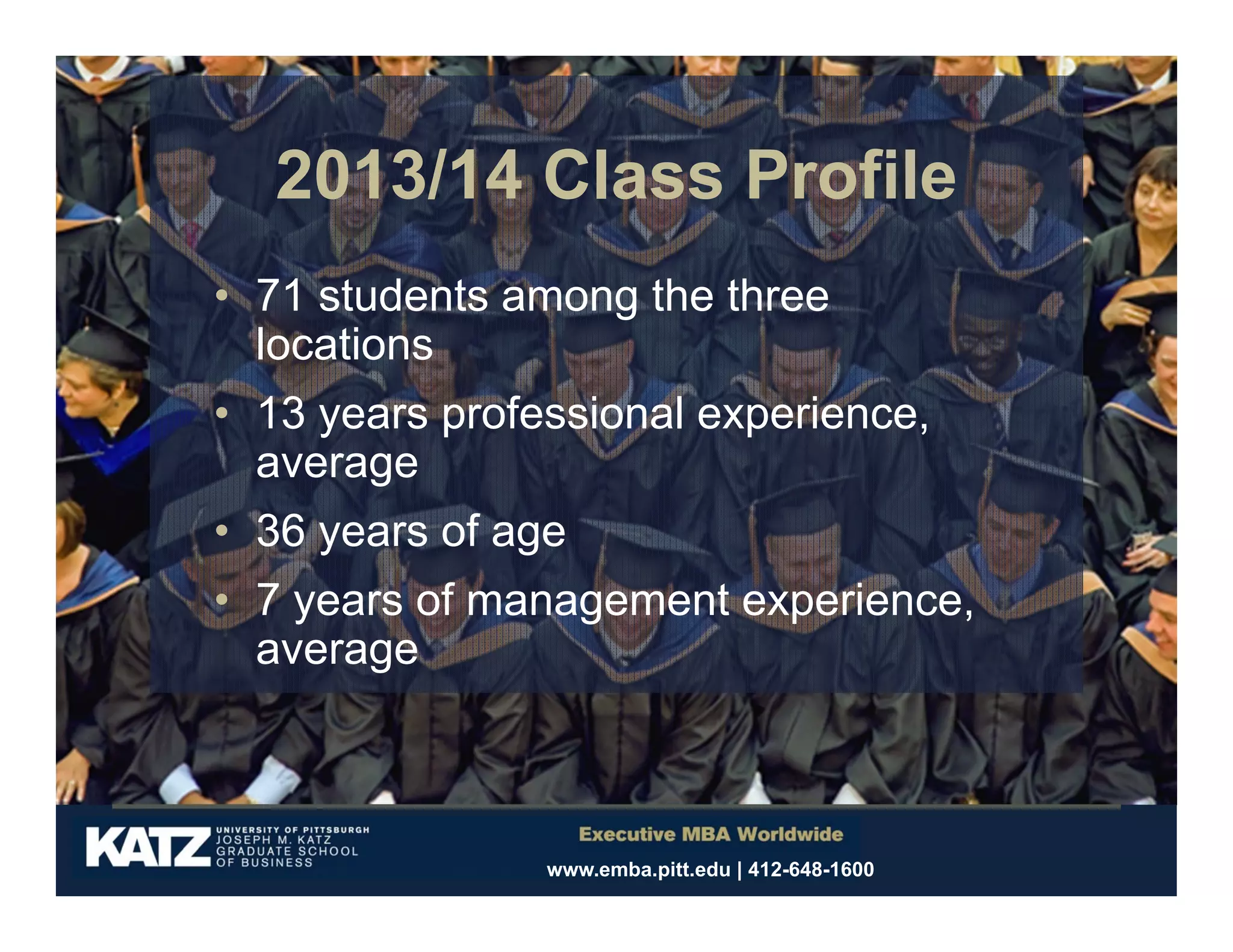 2013/14 Class Profile
• 71 students among the three
locations
• 13 years professional experience,
average
• 36 years of age
• 7 years of management experience,
average

www.emba.pitt.edu | 412-648-1600

 