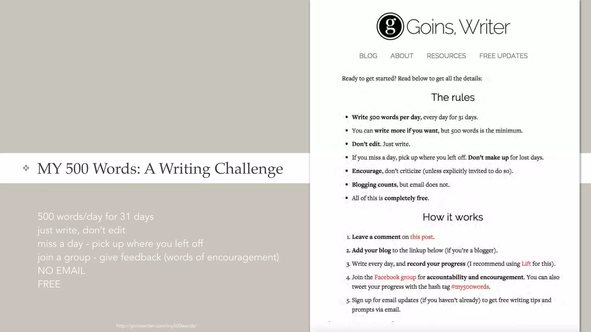500 words/day for 31 days
just write, don’t edit
miss a day - pick up where you left off
join a group - give feedback (words of encouragement)
NO EMAIL
FREE
❖ MY 500 Words: A Writing Challenge
http://goinswriter.com/my500words/
 