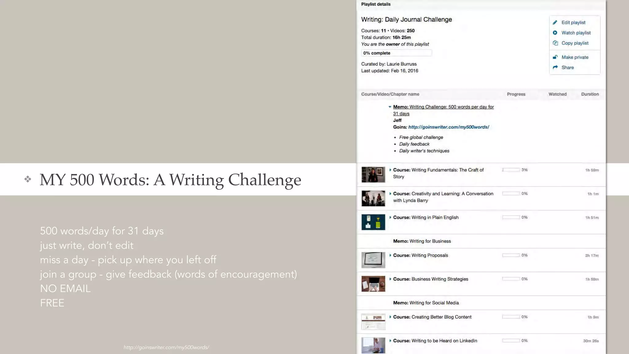 500 words/day for 31 days
just write, don’t edit
miss a day - pick up where you left off
join a group - give feedback (words of encouragement)
NO EMAIL
FREE
❖ MY 500 Words: A Writing Challenge
http://goinswriter.com/my500words/
 