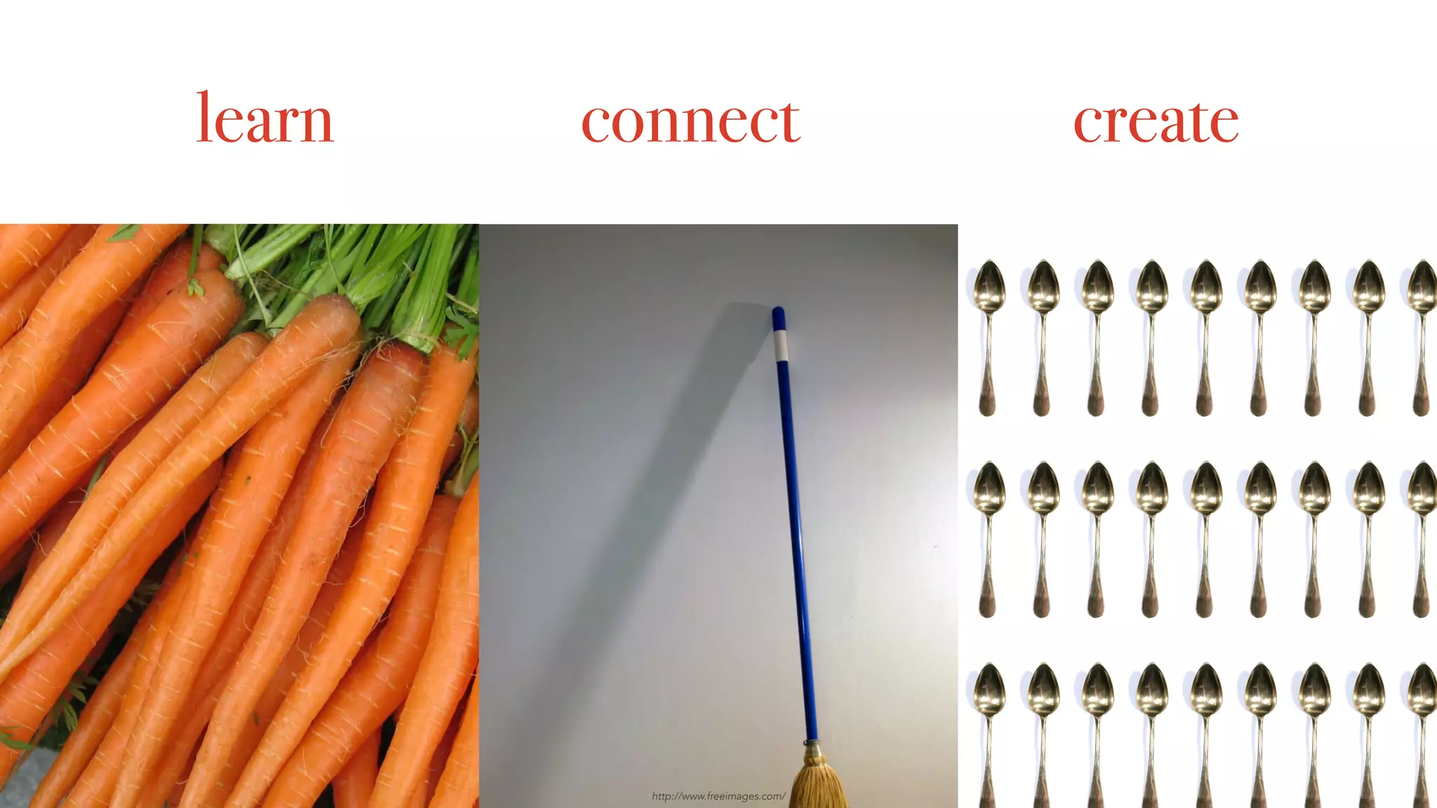 learn connect create
❖ Identify the gaps in
current knowledge or
experience
❖ Research what is “new” or
unfamiliar in your ﬁeld
❖ Develop a list of skills you
want to pick up
https://hbr.org/2016/01/plan-your-professional-development-for-the-year
❖ Explore interesting
“horizon” trends
❖ In your business (soft
skills) move them from
red to yellow to green
❖ Create something
❖ Share something
http://www.freeimages.com/
 