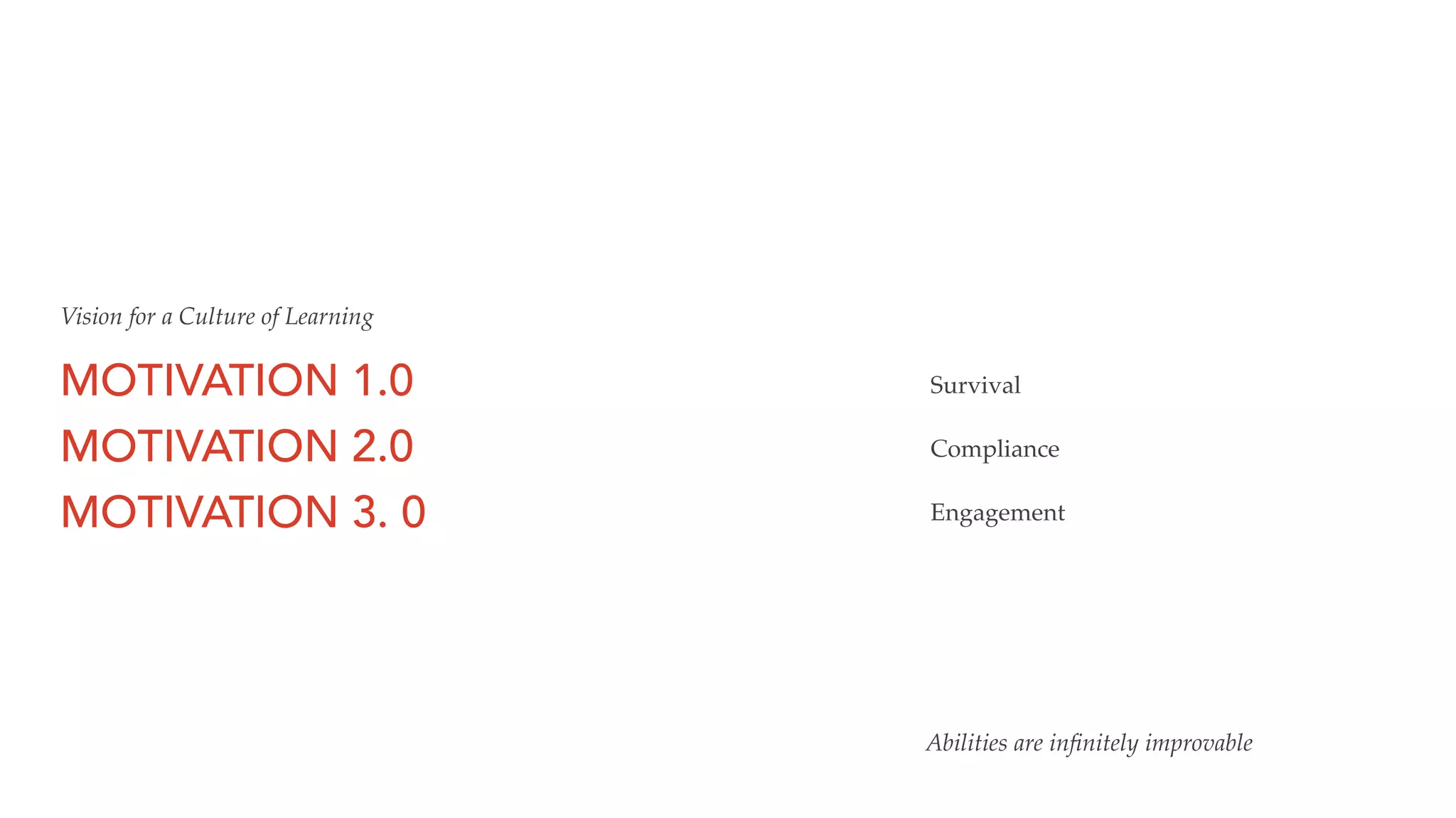 MOTIVATION 1.0
MOTIVATION 2.0
MOTIVATION 3. 0
Survival
Compliance
Engagement
Vision for a Culture of Learning
Abilities are inﬁnitely improvable
 