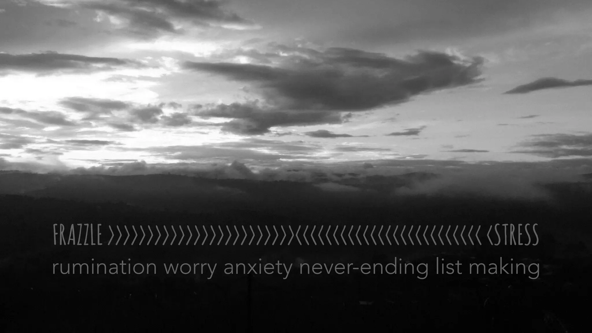 FRAZZLE>>>>>>>>>>>>>>>>>>>>>>>><<<<<<<<<<<<<<<<<<<<<<<<<<STRESS
rumination worry anxiety never-ending list making
 