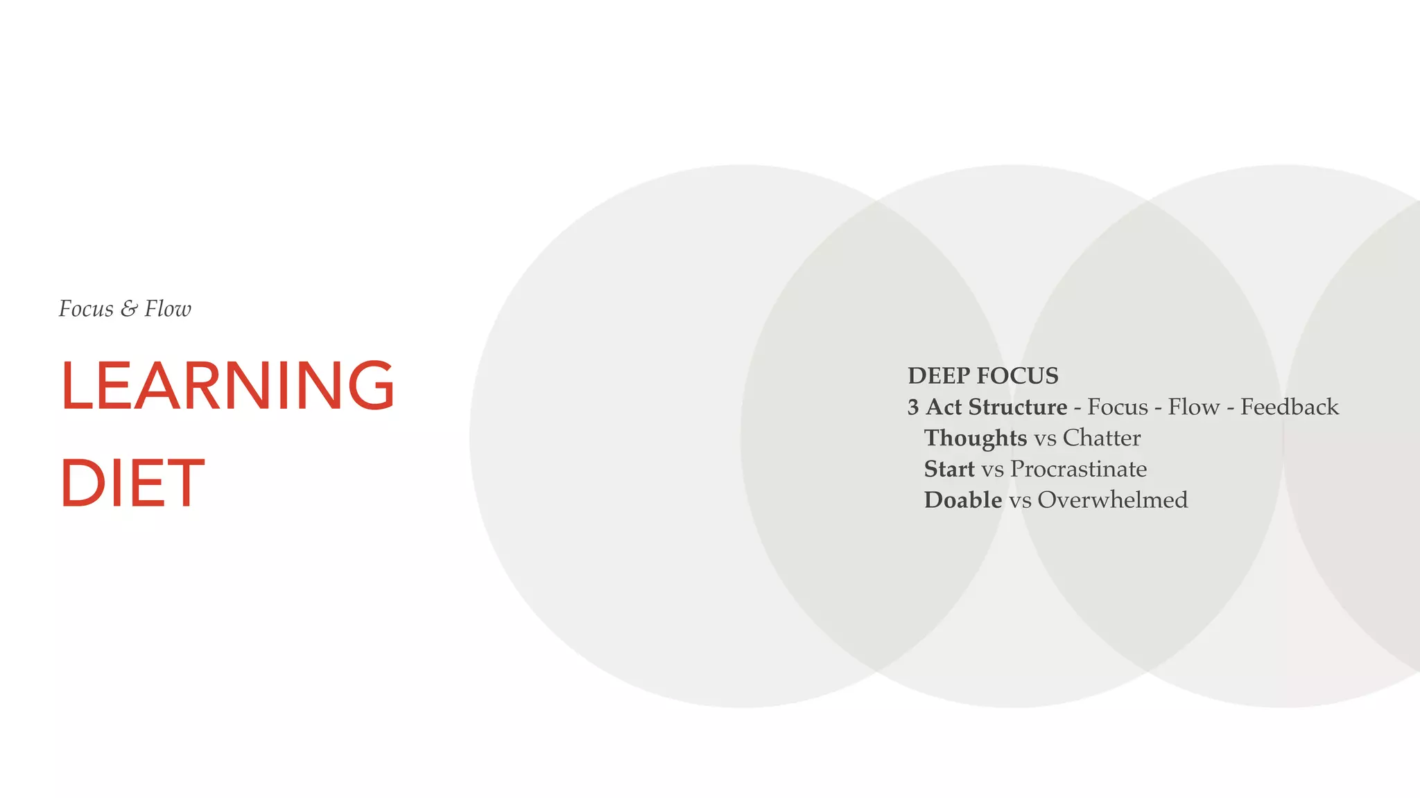 LEARNING
DIET
DEEP FOCUS
3 Act Structure - Focus - Flow - Feedback
Thoughts vs Chatter
Start vs Procrastinate
Doable vs Overwhelmed
Focus & Flow
 