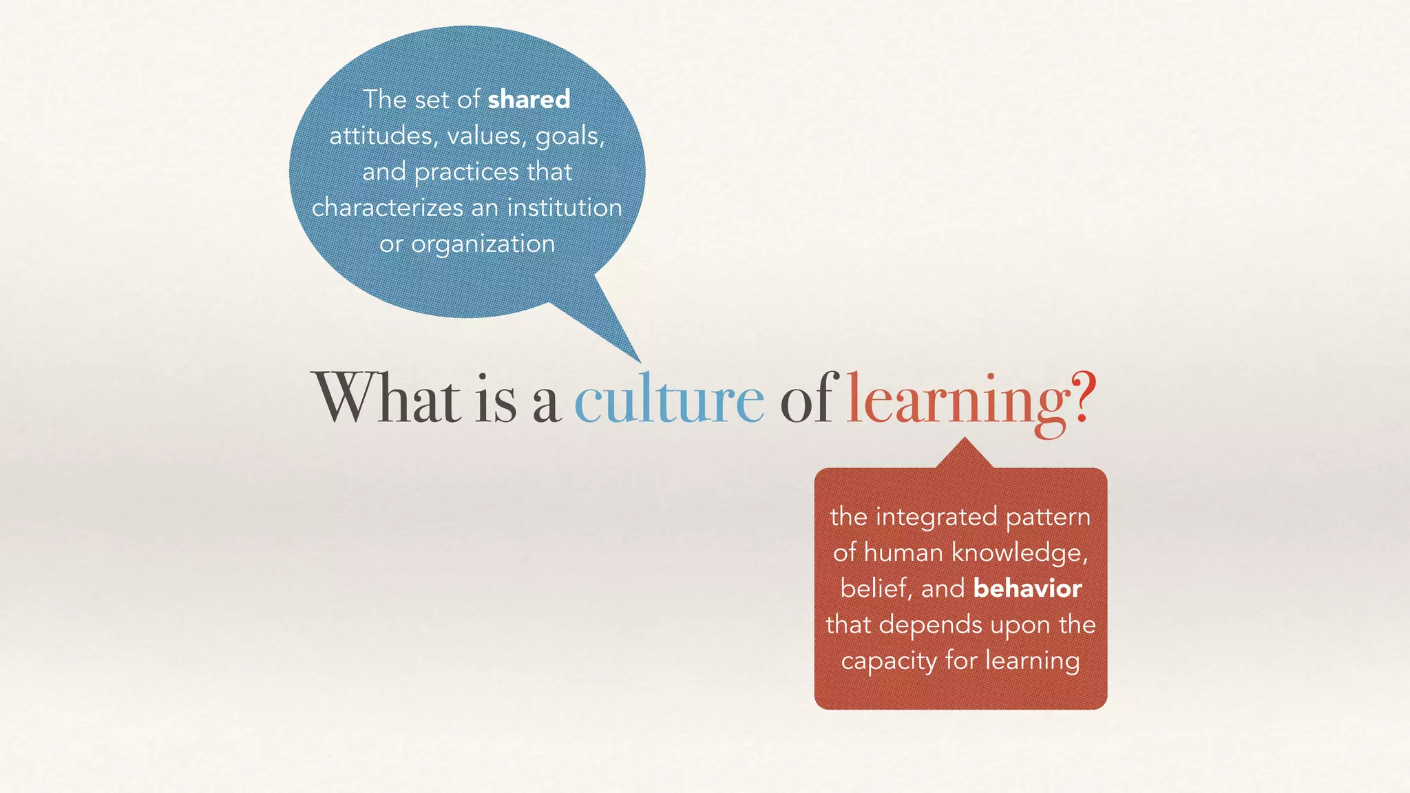 What is a culture of learning?
the integrated pattern
of human knowledge,
belief, and behavior
that depends upon the
capacity for learning
The set of shared
attitudes, values, goals,
and practices that
characterizes an institution
or organization
 