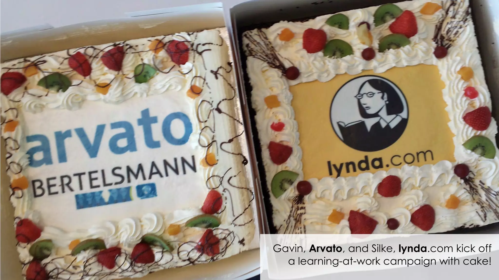 Gavin, Arvato, and Silke, lynda.com kick off
a learning-at-work campaign with cake!
 