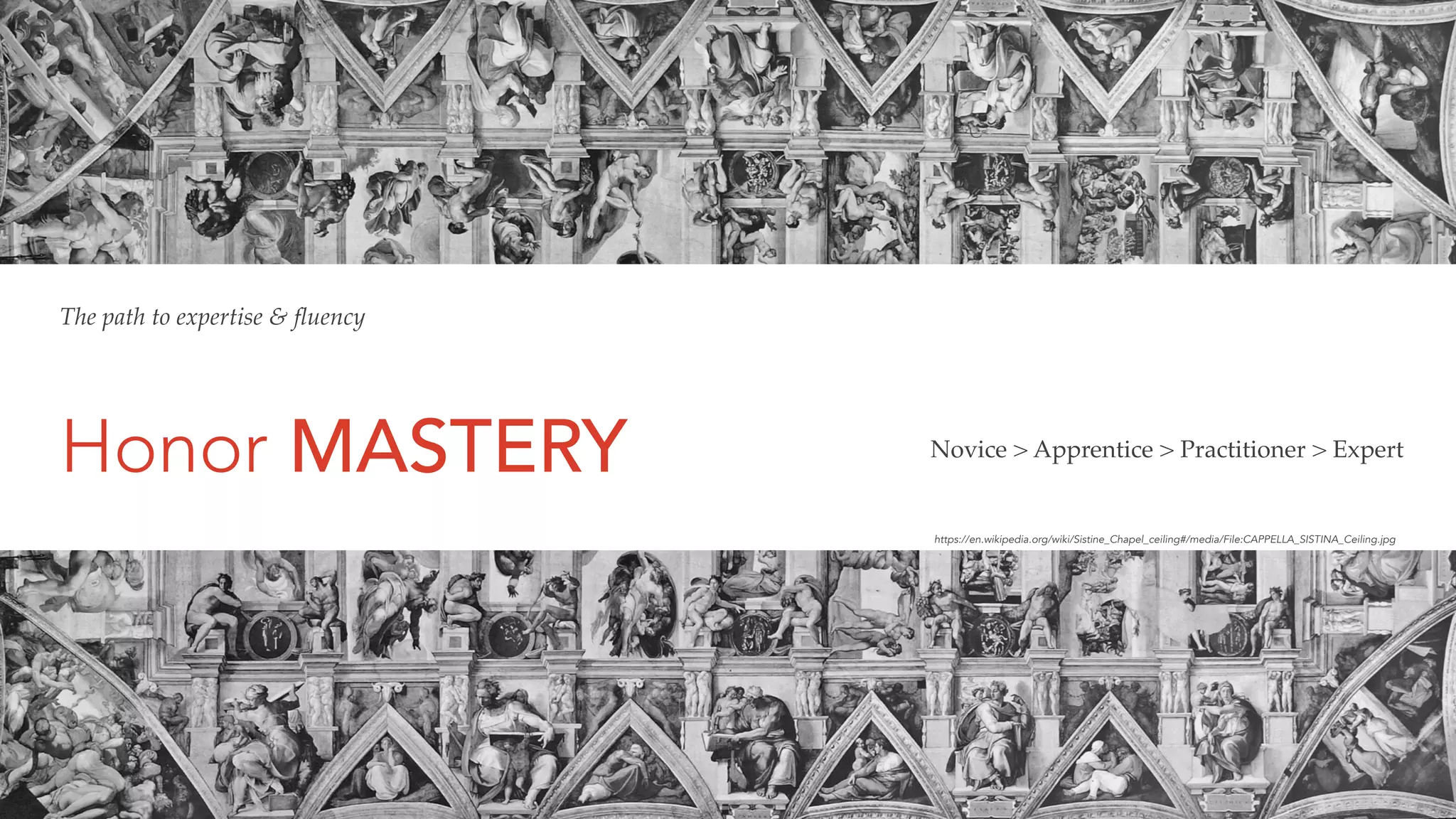Honor MASTERY Novice > Apprentice > Practitioner > Expert
https://en.wikipedia.org/wiki/Sistine_Chapel_ceiling#/media/File:CAPPELLA_SISTINA_Ceiling.jpg
The path to expertise & ﬂuency
 