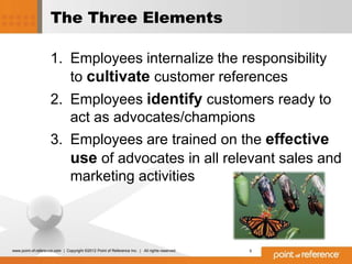 The Three Elements

                     1. Employees internalize the responsibility
                        to cultivate customer references
                     2. Employees identify customers ready to
                        act as advocates/champions
                     3. Employees are trained on the effective
                        use of advocates in all relevant sales and
                        marketing activities



www.point-of-reference.com | Copyright ©2012 Point of Reference Inc. | All rights reserved.   5
 