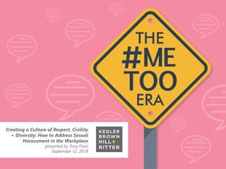 Creating a Culture of Respect, Civility
+ Diversity: How to Address Sexual
Harassment in the Workplace
presented by Tony Fiore
September 12, 2018
 