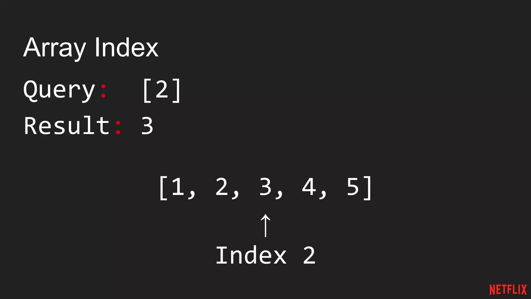 Array Index
Query: [2]
Result: 3
[1, 2, 3, 4, 5]
↑
Index 2
 