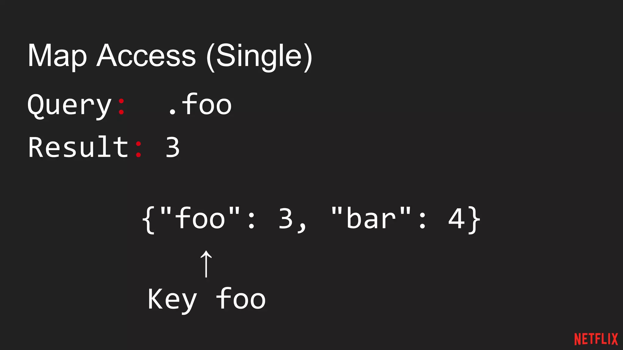 Map Access (Single)
Query: .foo
Result: 3
{"foo": 3, "bar": 4}
↑
Key foo
 