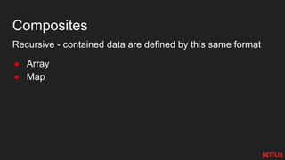 Composites
Recursive - contained data are defined by this same format
● Array
● Map
 