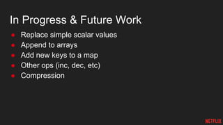 In Progress & Future Work
● Replace simple scalar values
● Append to arrays
● Add new keys to a map
● Other ops (inc, dec, etc)
● Compression
 
