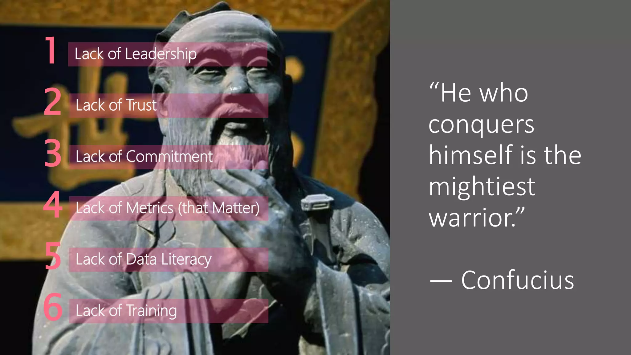 “He who
conquers
himself is the
mightiest
warrior.”
― Confucius
Lack of Leadership1
Lack of Trust2
Lack of Commitment3
Lack of Metrics (that Matter)4
Lack of Data Literacy5
Lack of Training6
 