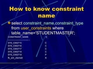 How to know constraint name select  constraint_name,constraint_type  from  user_constraints  where table_name='STUDENTMASTER'; CONSTRAINT_NAME   C ------------------------------ - SYS_C002715    C SYS_C002716  C SYS_C002717  C SYS_C002718  C SYS_C002719  P fk_sm_clsmstr R 
