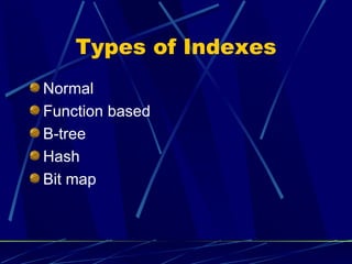 Types of Indexes Normal Function based B-tree Hash Bit map 