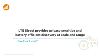 ©2013-2014 Qualcomm Technologies, Inc. and/or its affiliated companies. All Rights Reserved. 14
LTE Direct provides privacy sensitive and
battery efficient discovery at scale and range
How does it work?
 