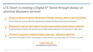 ©2013-2014 Qualcomm Technologies, Inc. and/or its affiliated companies. All Rights Reserved. 33
LTE Direct is creating a Digital 6th Sense through always-on
proximal discovery services
1 Deutsche Telekom trial in Germany announced and enabled by trial devices from Qualcomm Technologies; other trials in planning; 2 LTE Direct Trial SDK by Qualcomm Technologies limited availability through ltedirect.qualcomm.com
Always-on device-to-device discovery of friends, services, offers in one’s proximity
Proximal discovery services efficiently integrated with existing LTE Advanced services and networks
1
Required to scale up from today’s location-based and proximity beacon solutions
Privacy sensitive and battery efficient discovery of 1000s of devices/services in the proximity of ~500 meters
2
3 LTE Direct ecosystem implementation underway – defined in 3GPP R12
Operator trials throughout 20141; app developers testing innovative use cases today with LTE Direct Trial SDK2
Learn more at:
www.qualcomm.com/lte-direct
 