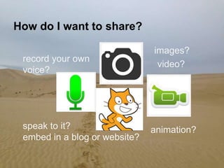 How do I want to share?
record your own
voice?
speak to it?
embed in a blog or website?
images?
video?
animation?
 