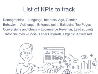 List of KPIs to track
Demographics – Language, Interests, Age, Gender
Behavior – Visit length, Entrance point, Exit point, Top Pages
Conversions and Goals – Ecommerce Revenue, Lead submits
Traffic Sources – Social, Other Referrals, Organic, Advertised
 