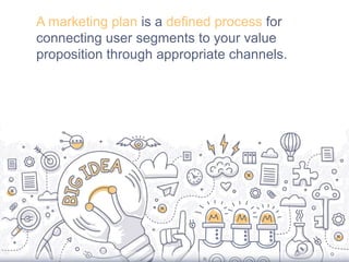 A marketing plan is a defined process for
connecting user segments to your value
proposition through appropriate channels.
 