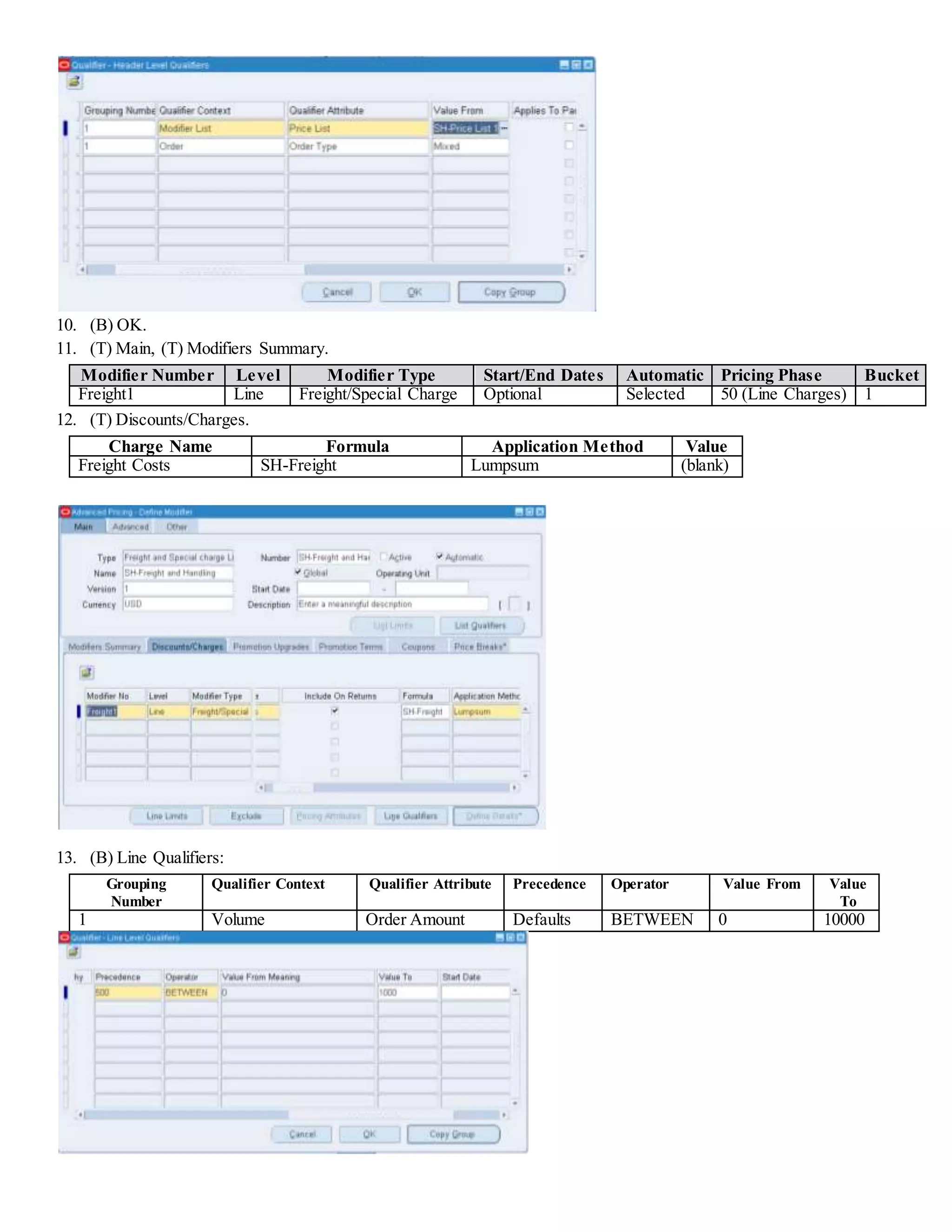 10. (B) OK. 11. (T) Main, (T) Modifiers Summary. Modifier Number Level Modifier Type Start/End Dates Automatic Pricing Phase Bucket Freight1 Line Freight/Special Charge Optional Selected 50 (Line Charges) 1 12. (T) Discounts/Charges. Charge Name Formula Application Method Value Freight Costs SH-Freight Lumpsum (blank) 13. (B) Line Qualifiers: Grouping Number Qualifier Context Qualifier Attribute Precedence Operator Value From Value To 1 Volume Order Amount Defaults BETWEEN 0 10000 