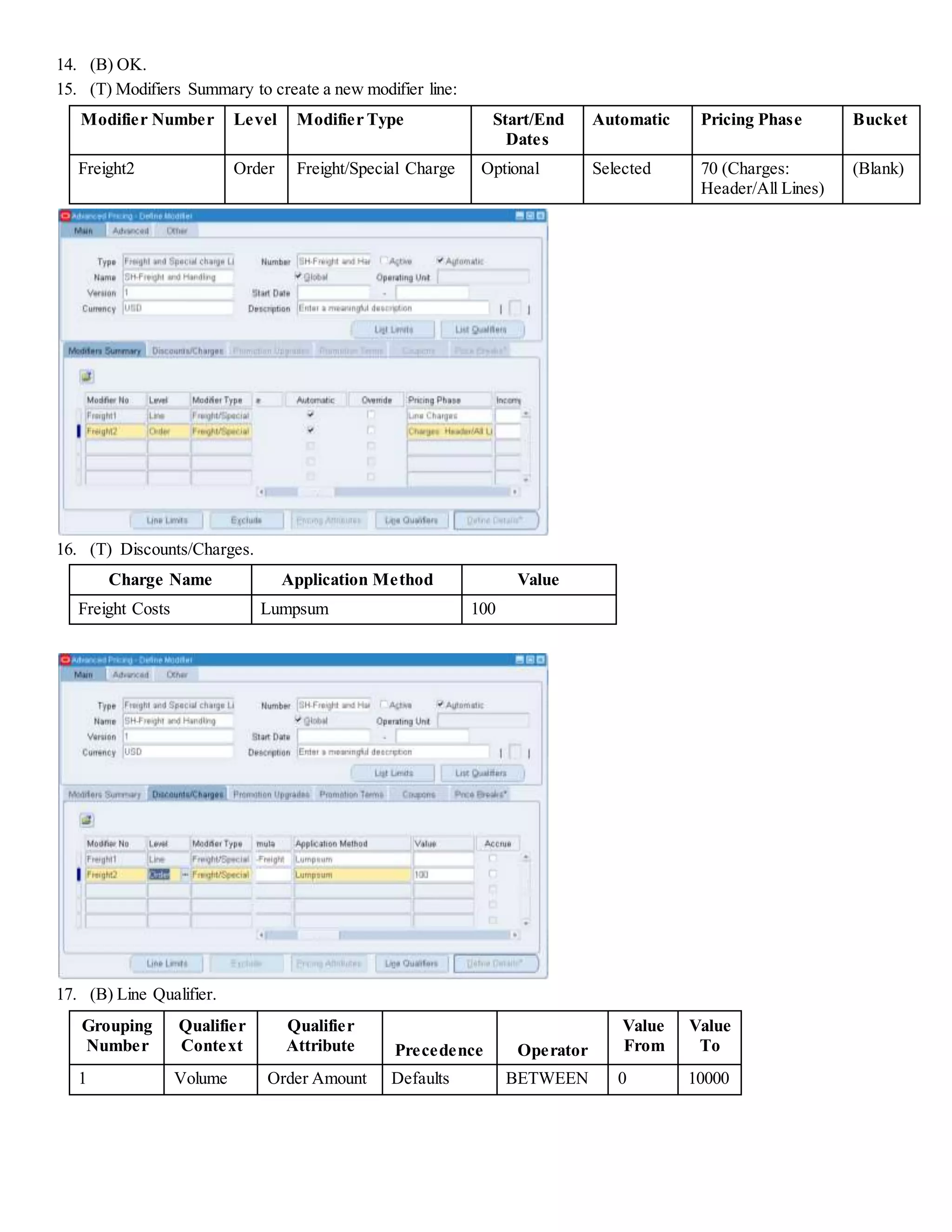14. (B) OK. 15. (T) Modifiers Summary to create a new modifier line: Modifier Number Level Modifier Type Start/End Dates Automatic Pricing Phase Bucket Freight2 Order Freight/Special Charge Optional Selected 70 (Charges: Header/All Lines) (Blank) 16. (T) Discounts/Charges. Charge Name Application Method Value Freight Costs Lumpsum 100 17. (B) Line Qualifier. Grouping Number Qualifier Context Qualifier Attribute Precedence Operator Value From Value To 1 Volume Order Amount Defaults BETWEEN 0 10000 
