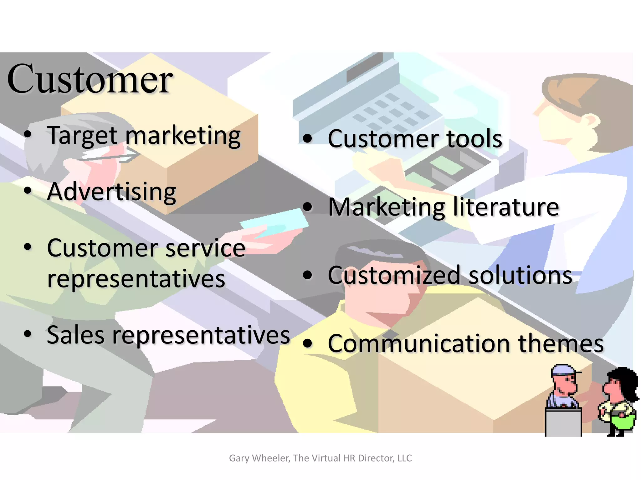 Customer
• Target marketing              • Customer tools
• Advertising
                                • Marketing literature
• Customer service
  representatives               • Customized solutions

• Sales representatives • Communication themes



                Gary Wheeler, The Virtual HR Director, LLC
 