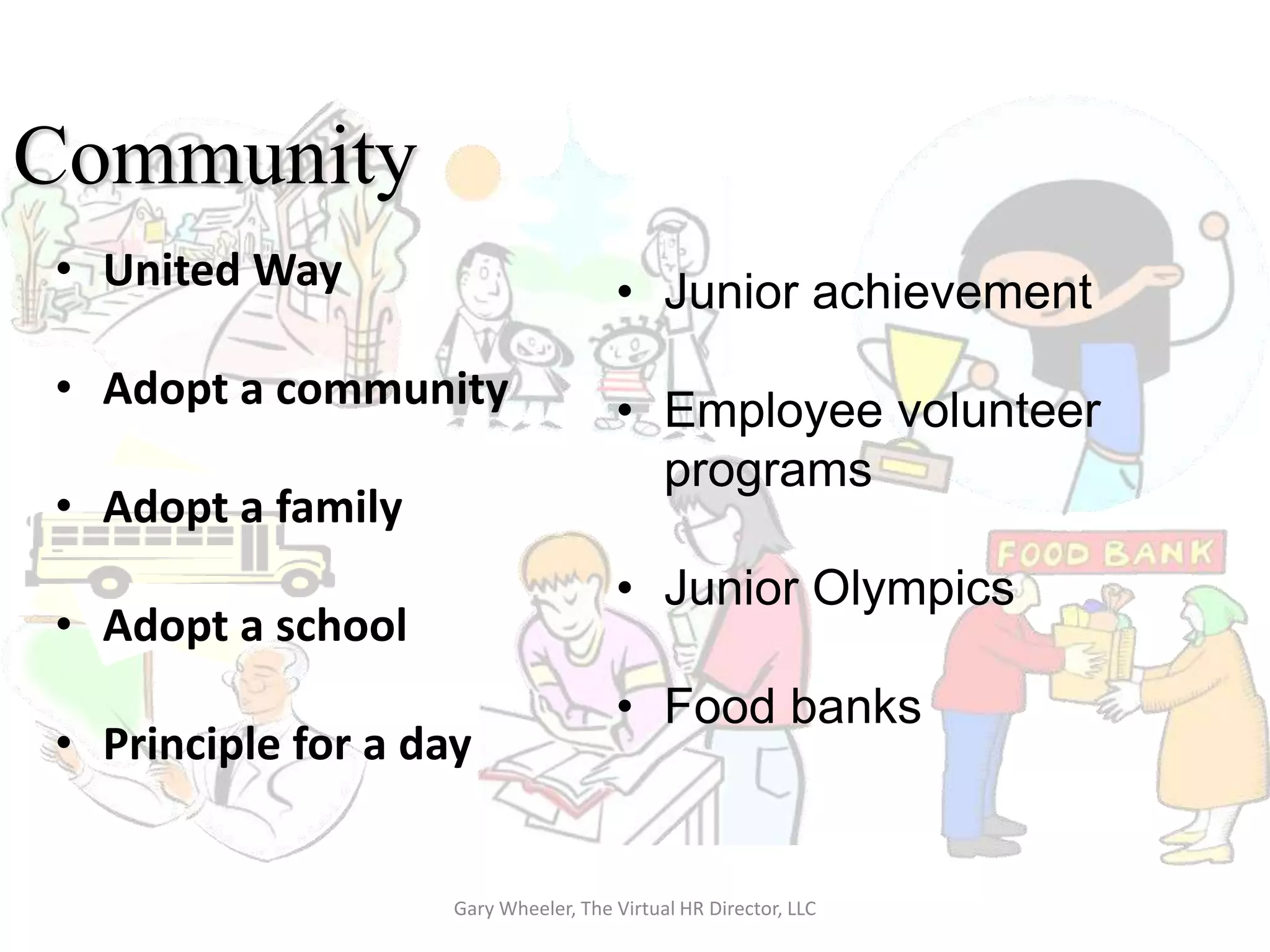 Community
• United Way                          • Junior achievement
• Adopt a community                   • Employee volunteer
                                        programs
• Adopt a family
                                      • Junior Olympics
• Adopt a school
                                      • Food banks
• Principle for a day


                    Gary Wheeler, The Virtual HR Director, LLC
 