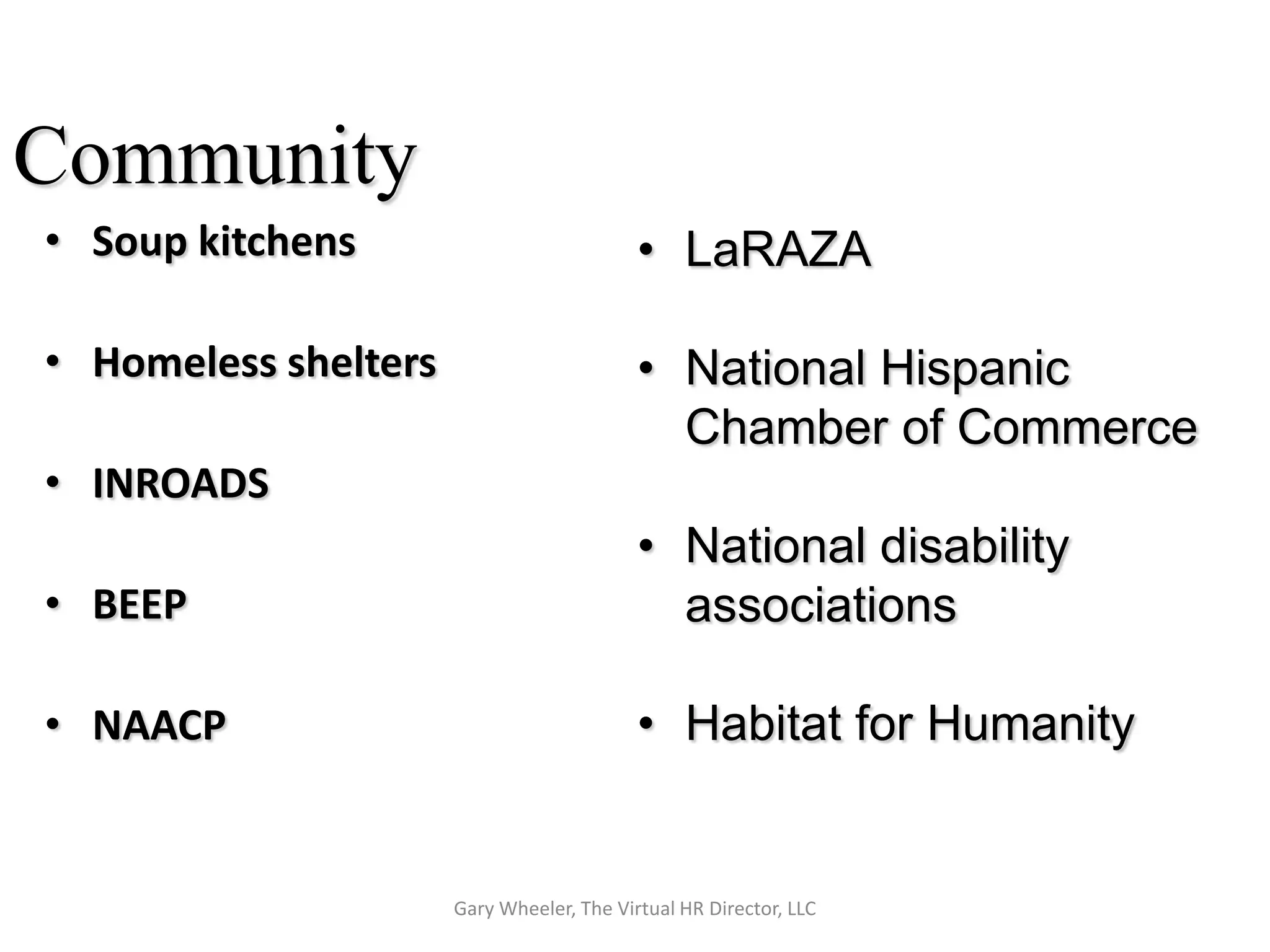 Community
• Soup kitchens                            • LaRAZA

• Homeless shelters                        • National Hispanic
                                             Chamber of Commerce
• INROADS
                                           • National disability
• BEEP                                       associations

• NAACP                                    • Habitat for Humanity


                      Gary Wheeler, The Virtual HR Director, LLC
 