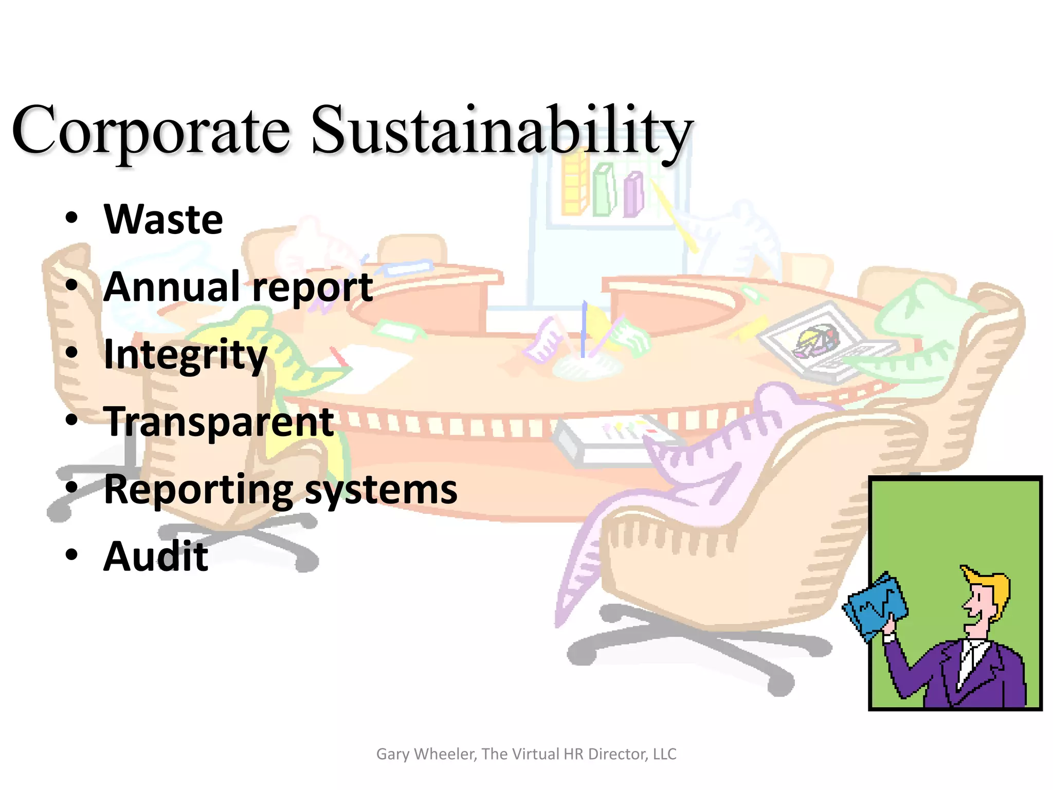 Corporate Sustainability
 •   Waste
 •   Annual report
 •   Integrity
 •   Transparent
 •   Reporting systems
 •   Audit



                  Gary Wheeler, The Virtual HR Director, LLC
 