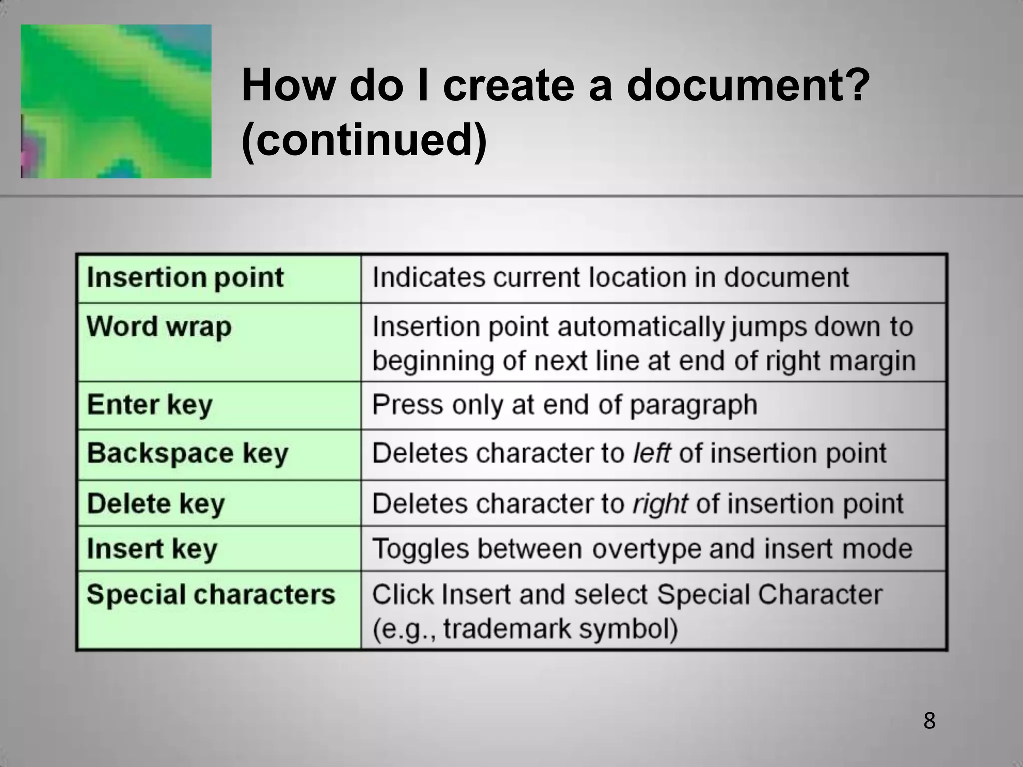 8How do I create a document? (continued)
