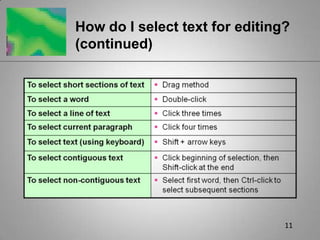 11How do I select text for editing? (continued)