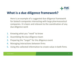 What is a due diligence framework?
     Here is an example of a suggested due diligence framework 
     for biotech companies interacting with large pharmaceutical 
     companies. It is basic and relevant to the coordination of any 
     due diligence work

1.   Knowing what you "need" to know 
2.   Assembling the due diligence team
3.   Preparing the “target” for the diligence event
4.   Managing interactions between firms
5.   Using the collected information to create value in both firms

                                                                       9
 