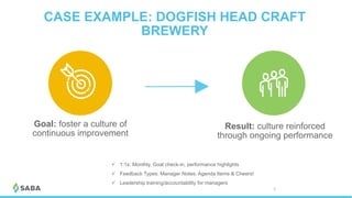 CASE EXAMPLE: DOGFISH HEAD CRAFT
BREWERY
© 2017 Saba Software, Inc. 24
Result: culture reinforced
through ongoing performance
ü  1:1s: Monthly, Goal check-in, performance highlights
ü  Feedback Types: Manager Notes, Agenda Items & Cheers!
ü  Leadership training/accountability for managers
Goal: foster a culture of
continuous improvement
 