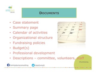 /AskEmilyD/emilydavisconsulting
•  Case statement
•  Summary page
•  Calendar of activities
•  Organizational structure
•  Fundraising policies
•  Budget(s)
•  Professional development
•  Descriptions – committee, volunteers, staff
DOCUMENTS
#fundraising
 