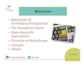 /AskEmilyD/emilydavisconsulting
RESOURCES
•  Association of
Fundraising Professionals
•  The Foundation Center
•  State Nonprofit
Associations
•  Chronicle of Philanthropy
•  LinkedIn
•  4Good
#fundraising
 