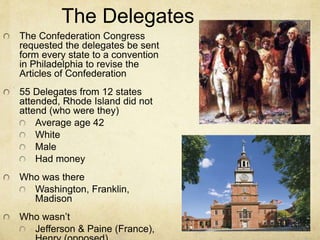 The Delegates 
The Confederation Congress 
requested the delegates be sent 
form every state to a convention 
in Philadelphia to revise the 
Articles of Confederation 
55 Delegates from 12 states 
attended, Rhode Island did not 
attend (who were they) 
Average age 42 
White 
Male 
Had money 
Who was there 
Washington, Franklin, 
Madison 
Who wasn’t 
Jefferson & Paine (France), 
Henry (opposed) 
 