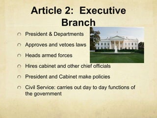 Article 2: Executive 
Branch 
President & Departments 
Approves and vetoes laws 
Heads armed forces 
Hires cabinet and other chief officials 
President and Cabinet make policies 
Civil Service: carries out day to day functions of 
the government 
 