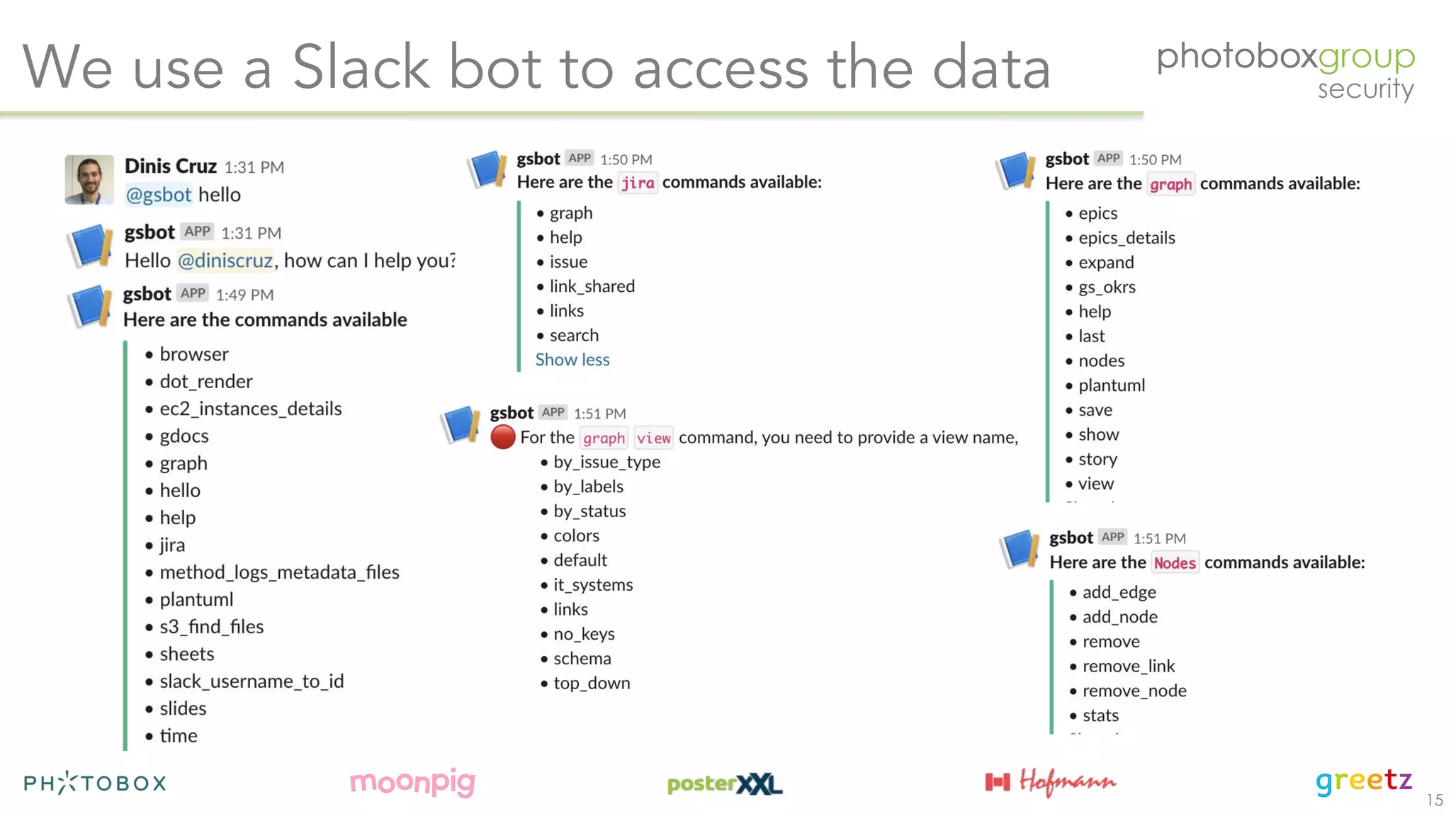 15
We use a Slack bot to access the data
 