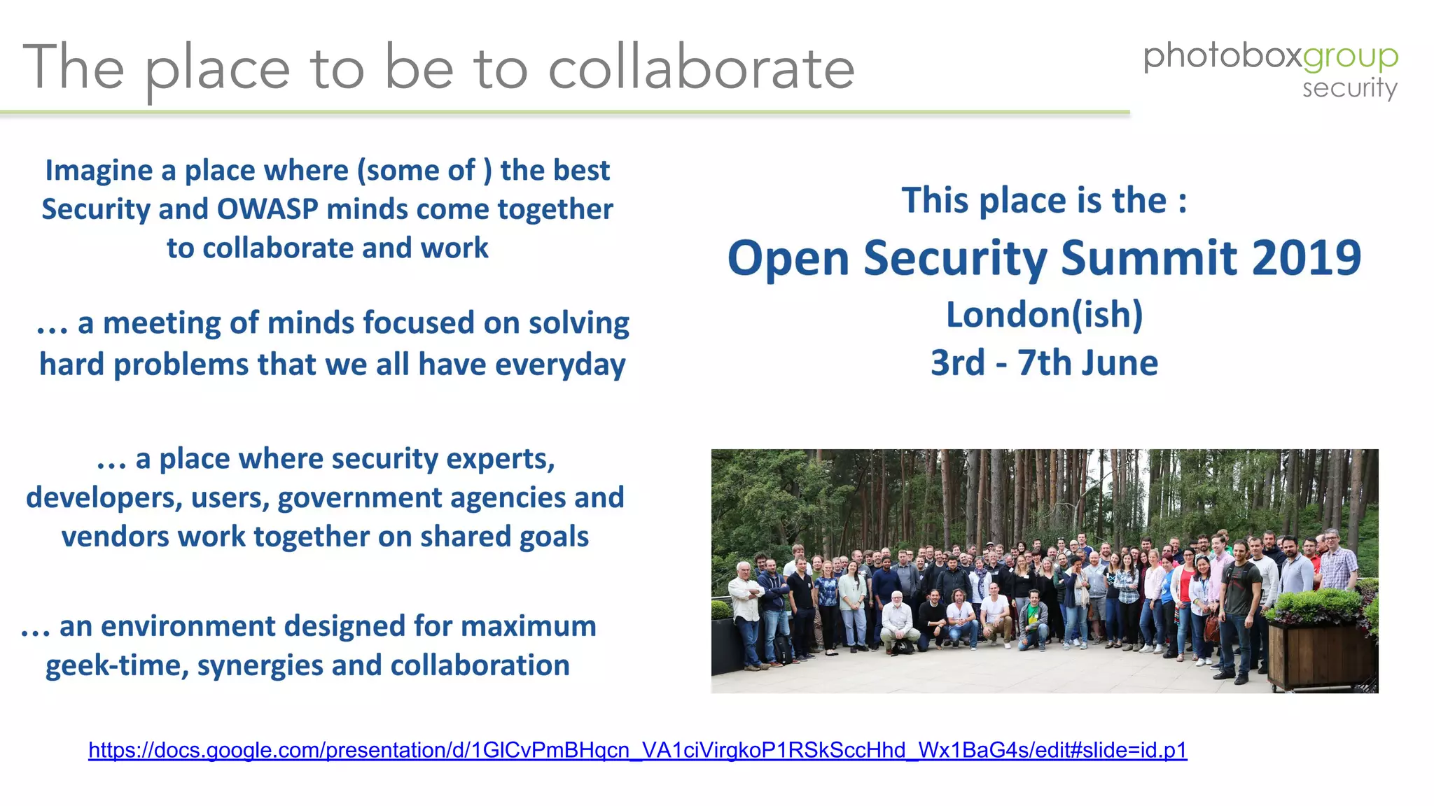 The place to be to collaborate
https://docs.google.com/presentation/d/1GlCvPmBHqcn_VA1ciVirgkoP1RSkSccHhd_Wx1BaG4s/edit#slide=id.p1
 