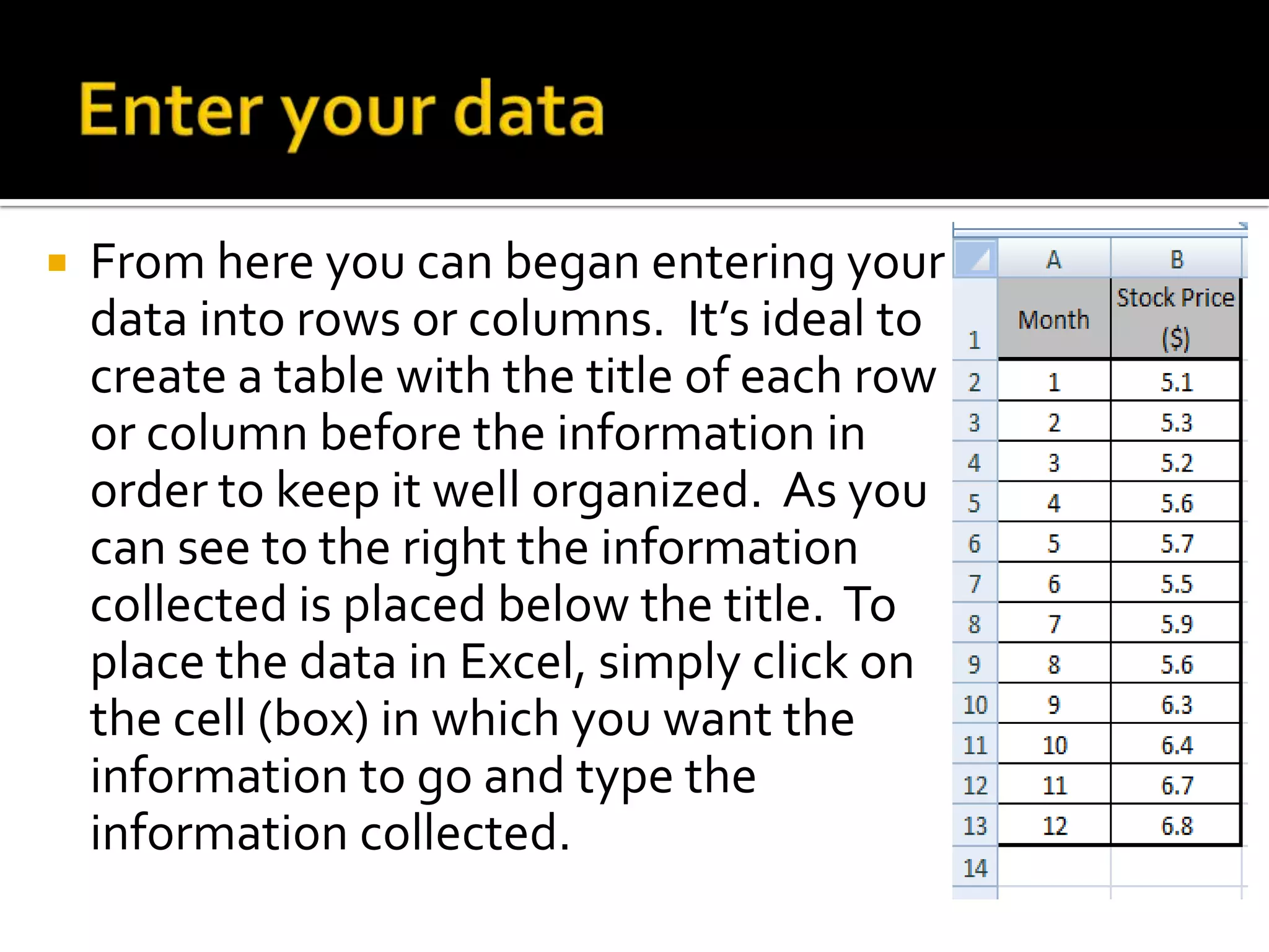    From here you can began entering your
    data into rows or columns. It’s ideal to
    create a table with the title of each row
    or column before the information in
    order to keep it well organized. As you
    can see to the right the information
    collected is placed below the title. To
    place the data in Excel, simply click on
    the cell (box) in which you want the
    information to go and type the
    information collected.
 