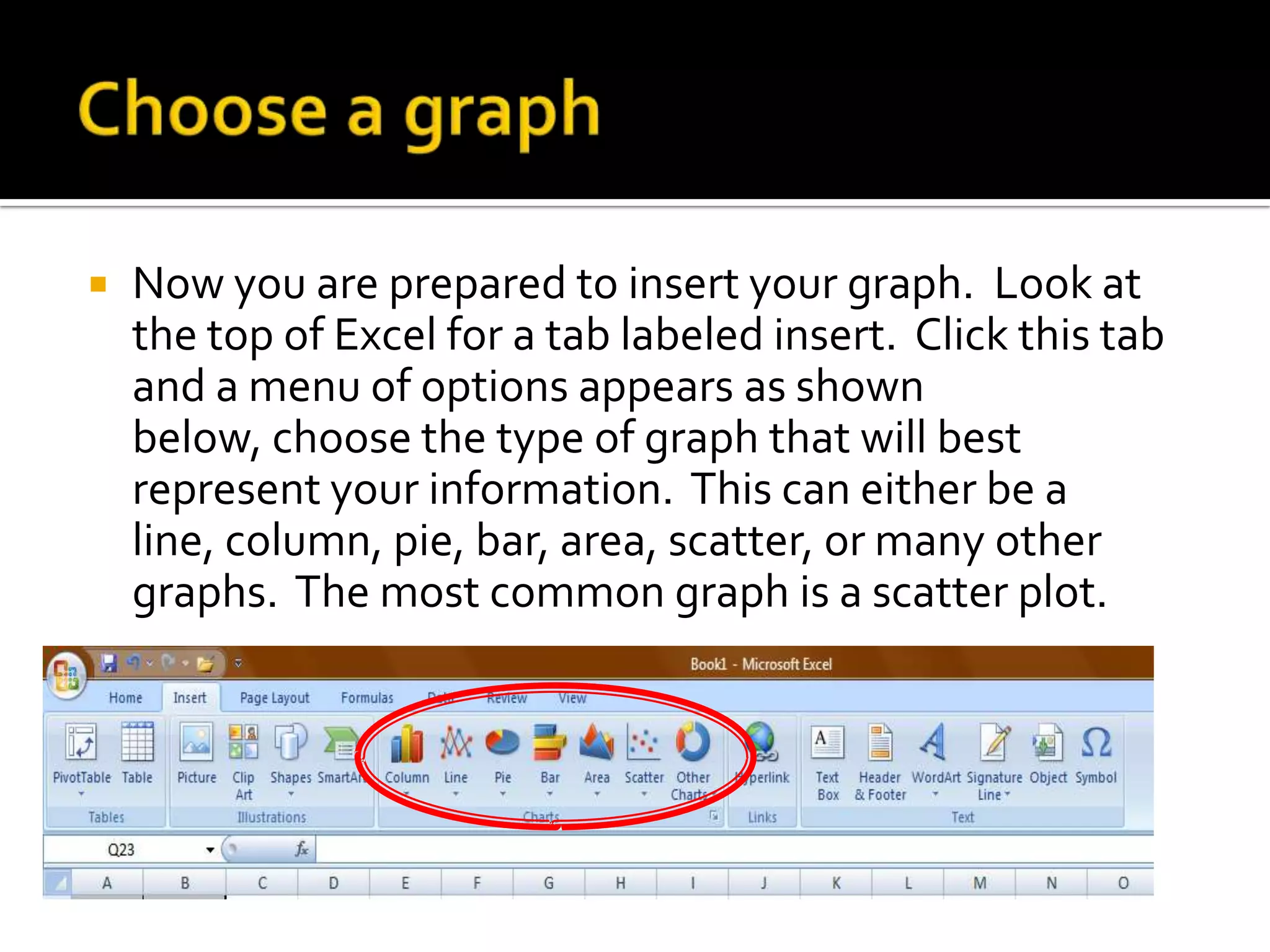    Now you are prepared to insert your graph. Look at
    the top of Excel for a tab labeled insert. Click this tab
    and a menu of options appears as shown
    below, choose the type of graph that will best
    represent your information. This can either be a
    line, column, pie, bar, area, scatter, or many other
    graphs. The most common graph is a scatter plot.
 