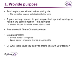 1. Provide purpose
• Provide purpose, shared values and goals
– The compelling purpose for being (worthwhile work)
• A good enough reason to get people fired up and wanting to
head in the same direction – the holy grail
– Without this, you don’t have a team – just a crowd
• Reinforce with Team Charter/covenant
• Great examples:
– Medical teams – saving lives
– Sports teams – silverware, rivalries, bragging rights
• Q: What tools could you apply to create this with your teams?
 