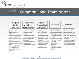 HPT 
– 
Common 
Bond 
Team 
Norms 
6 
• Personal ownership of 
a customer/client 
problem 
• Customer satisfaction 
becomes standard agenda 
item for meetings that 
discuss results 
• Soliciting and listening 
customer needs 
• Request supplier require-ments 
Copyright © 2009-2014 TBO International, LLC. All rights reserved. 
Respect 
for the 
Individual 
Dedication 
to Helping 
the Customer 
Highest 
Standards of 
Integrity 
Innovation Teamwork 
• Soliciting inputs 
• Open sharing of 
information 
• Listening before speak-ing 
& active listening 
• Being available for each 
other 
• Recognizing the whole 
person (beyond the work-place) 
• 360 degree feedback - 
w/o repercussion 
• Learning from break 
downs 
• Trust is a given 
• Don’t lie, distort, or 
over promise 
• Exhibit total honesty 
in design and use of 
measurement system 
• Telling like it is 
(reward these people) 
• Send honest message 
to customers and 
employees 
• No hidden agenda 
• Reward risk taking 
• Accept ideas of others 
• Wearing multiple hats 
(functional and team 
member) 
• Keeping skills current 
• Find ways to do your 
job better 
• Active listen to 
dissenters 
• Willingness to recon-sider 
ways of doing 
things 
• Goals are set by the team 
• Peers recognize con-tribution 
of each other 
• Any team member can 
represent the interests of 
the team 
• Sharing; creating power 
together as a team 
• Stress team decisions 
(but make decisions) 
 