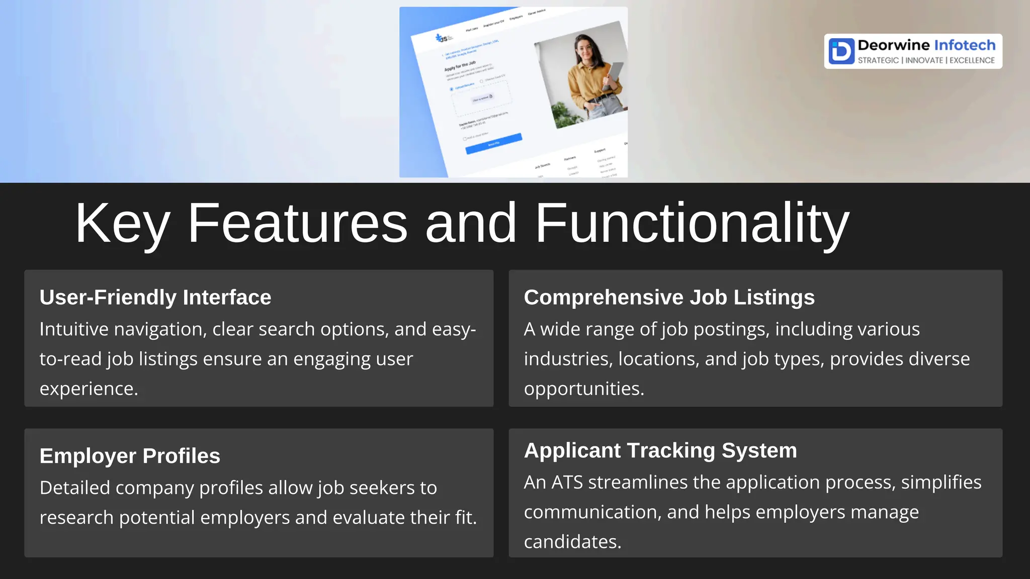 Key Features and Functionality
User-Friendly Interface
Intuitive navigation, clear search options, and easy-
to-read job listings ensure an engaging user
experience.
Comprehensive Job Listings
A wide range of job postings, including various
industries, locations, and job types, provides diverse
opportunities.
Employer Profiles
Detailed company profiles allow job seekers to
research potential employers and evaluate their fit.
Applicant Tracking System
An ATS streamlines the application process, simplifies
communication, and helps employers manage
candidates.
 