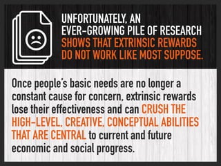 UNFORTUNATELY, AN  
EVER-GROWING PILE OF RESEARCH
SHOWS THAT EXTRINSIC REWARDS
DO NOT WORK LIKE MOST SUPPOSE.
Once people’...